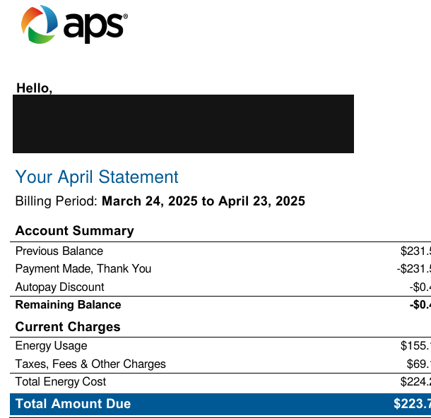April 2025 utility bill showing $223.79 due, personal details redacted